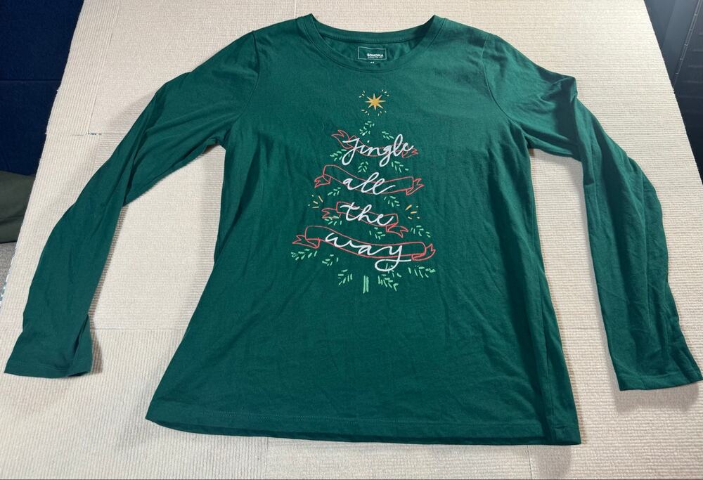 Sonoma Women's Medium Cotton Blend Long Sleeve Tee Christmas Tee Holidays Green